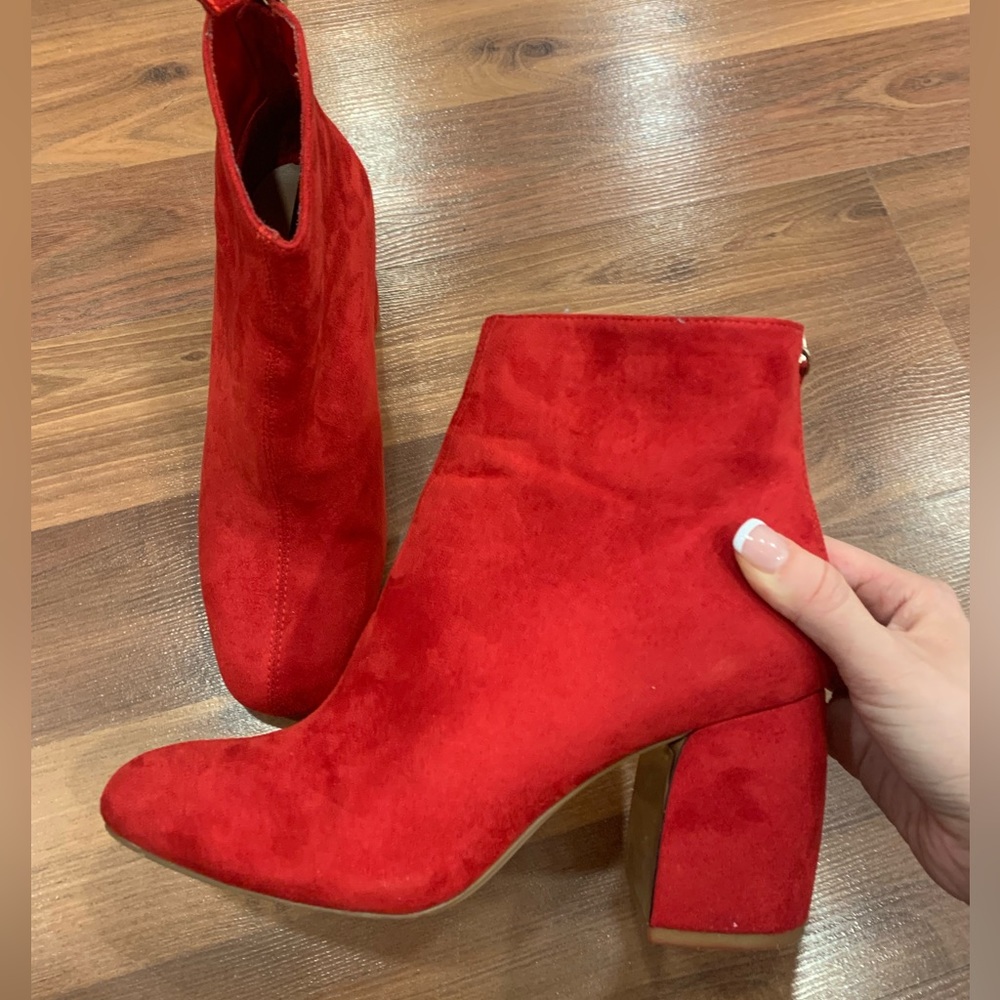 Red booties with block heel